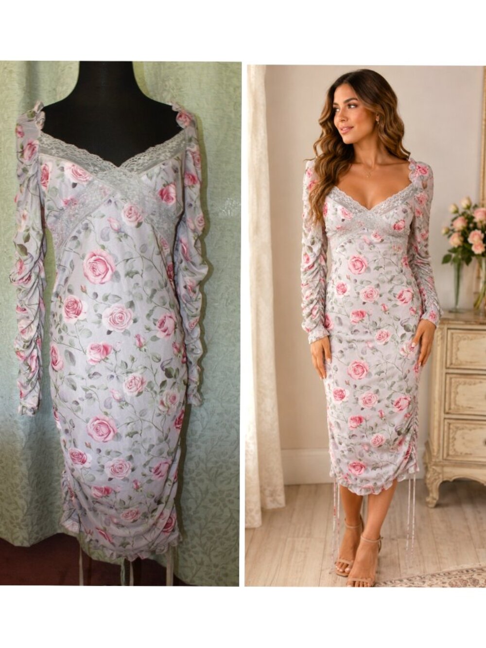 Current Mood Light Gray Midi Dress Mesh Roses Floral Print Lace Size M Romantic